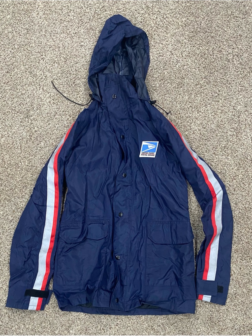USPS Blue Hooded Windbreaker Jacket with Red & White Stripes